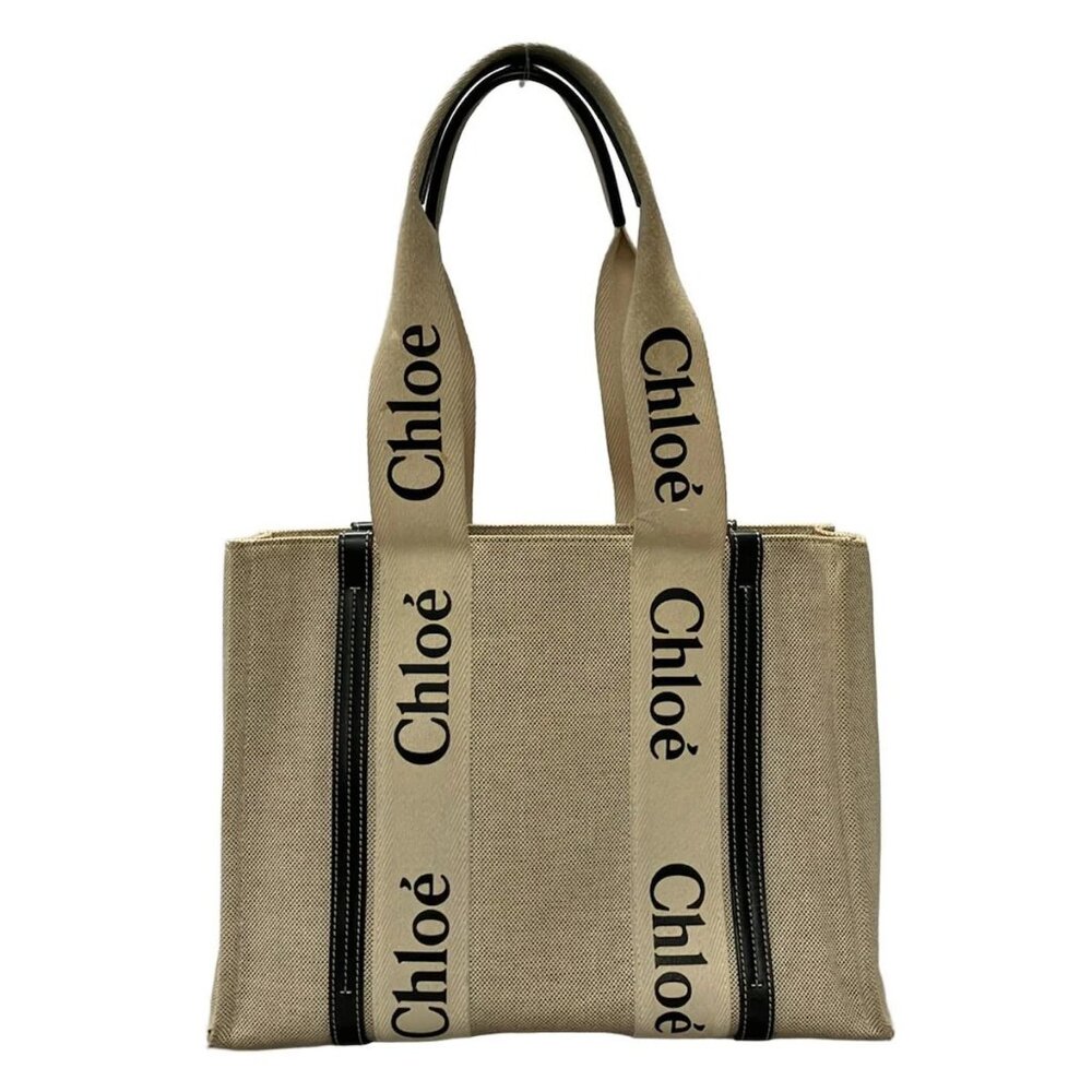 Auth Chloe Woody Medium Tote Bag - Beige Black Canvas Leather Tote Bag